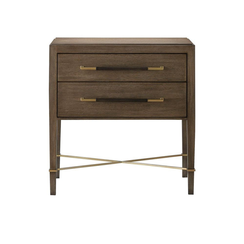 Verona Chanterelle Nightstand, shown in warm medium brown and chanterelle taupe-brown with wood and metal.