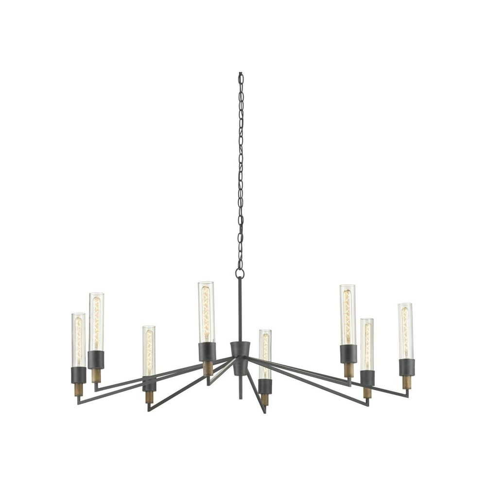 Additional view of Delgado Black Chandelier, featuring natural wood finish, metal, glass, and chain-hung ceiling suspension.