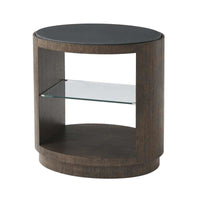 Nevio Side Table, shown in dark brown and charcoal with wood, glass, and integrated glass shelf.