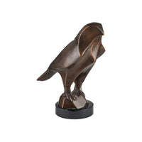 Horus Bird Bronze, shown in dark bronze brown and black with bronze, marble, and a freestanding circular plinth base.