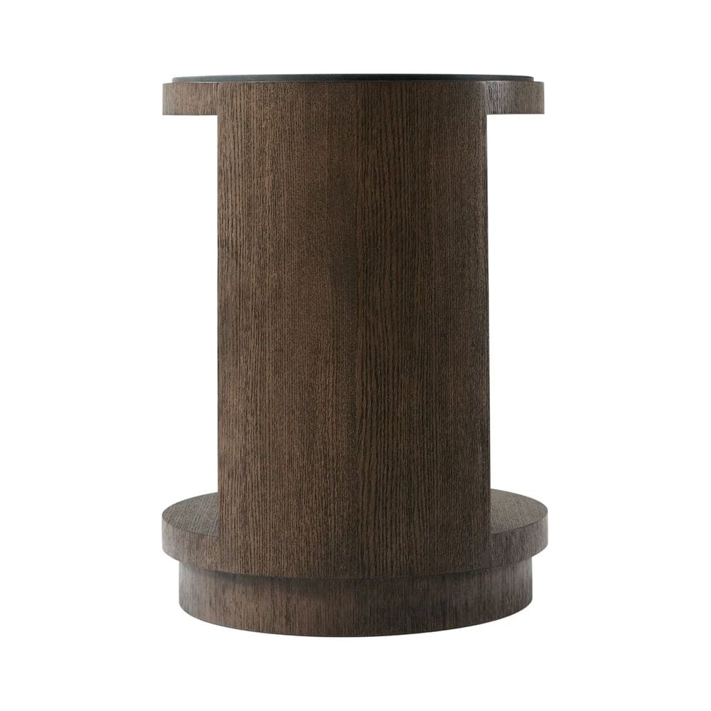 Additional view of Nevio Side Table in dark brown and charcoal, featuring stained finish and integrated glass shelf.
