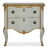 French Two Drawer Chest, shown in soft blue-gray and pale celadon with wood, metal hardware, and two full-width drawers.