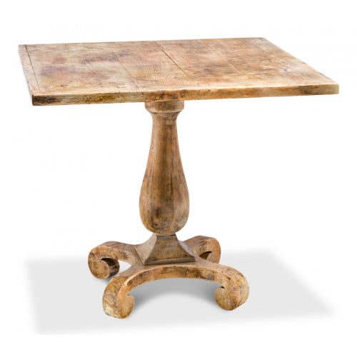 Bistro Table, shown in weathered light wood and warm natural wood with wood and a pedestal base.