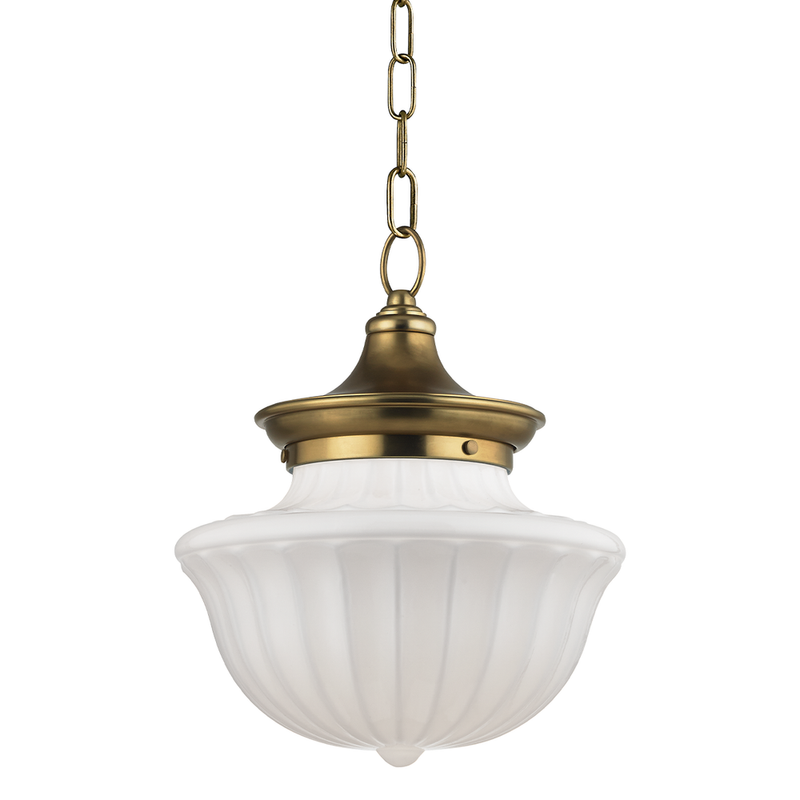 Dutchess 1 Light Medium Pendant Aged Brass, shown in aged brass and white with metal and glass.