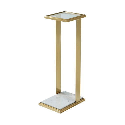 San Clemente Accent Table III, shown in gold and white with brass, glass, and a c-shaped cantilever open frame.