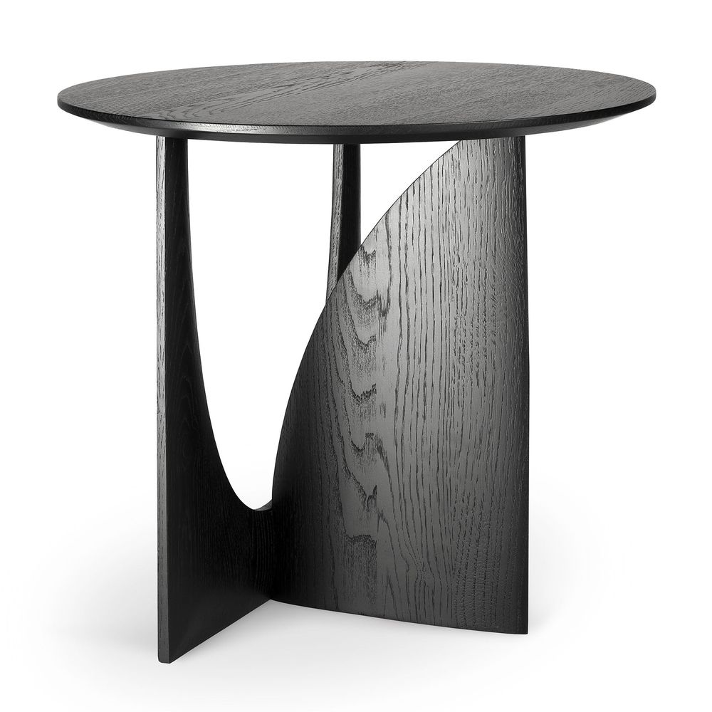 Geometric Side Table, shown in black with wood, oak, and round freestanding tabletop.