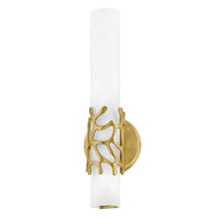 Bath Lyra Small LED Sconce, shown in white and brass gold with frosted glass, metal, and a wall-mounting canopy.