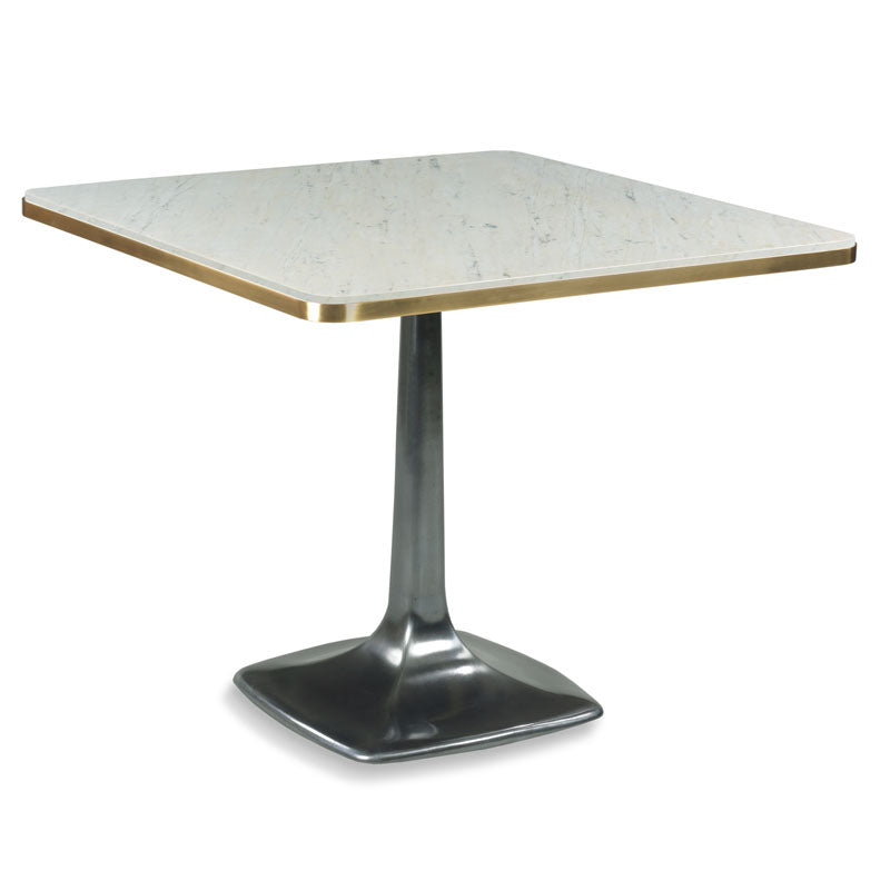 Calloway Table, shown in white and gray with marble, cast metal, and a single pedestal base.