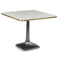 Calloway Table, shown in white and gray with marble, cast metal, and a single pedestal base.
