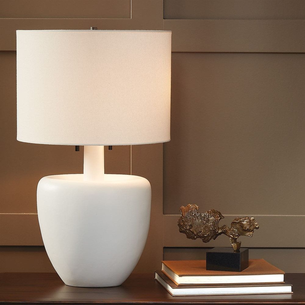 Alternate view of Impression Lamp, featuring matte finish, ceramic, fabric, and a freestanding table base.