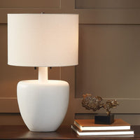 Alternate view of Impression Lamp, featuring matte finish, ceramic, fabric, and a freestanding table base.