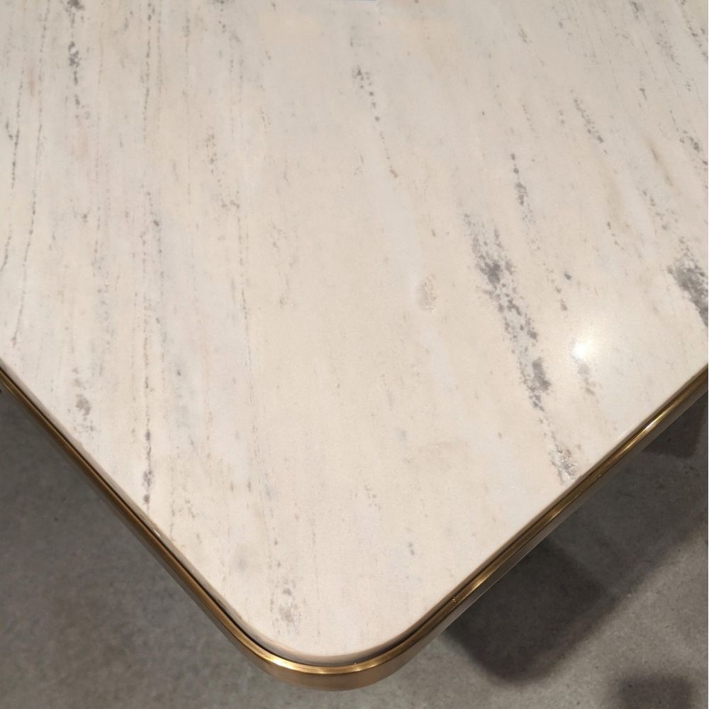 Alternate view of Calloway Table, featuring polished stone finish, marble, cast metal, and a single pedestal base.