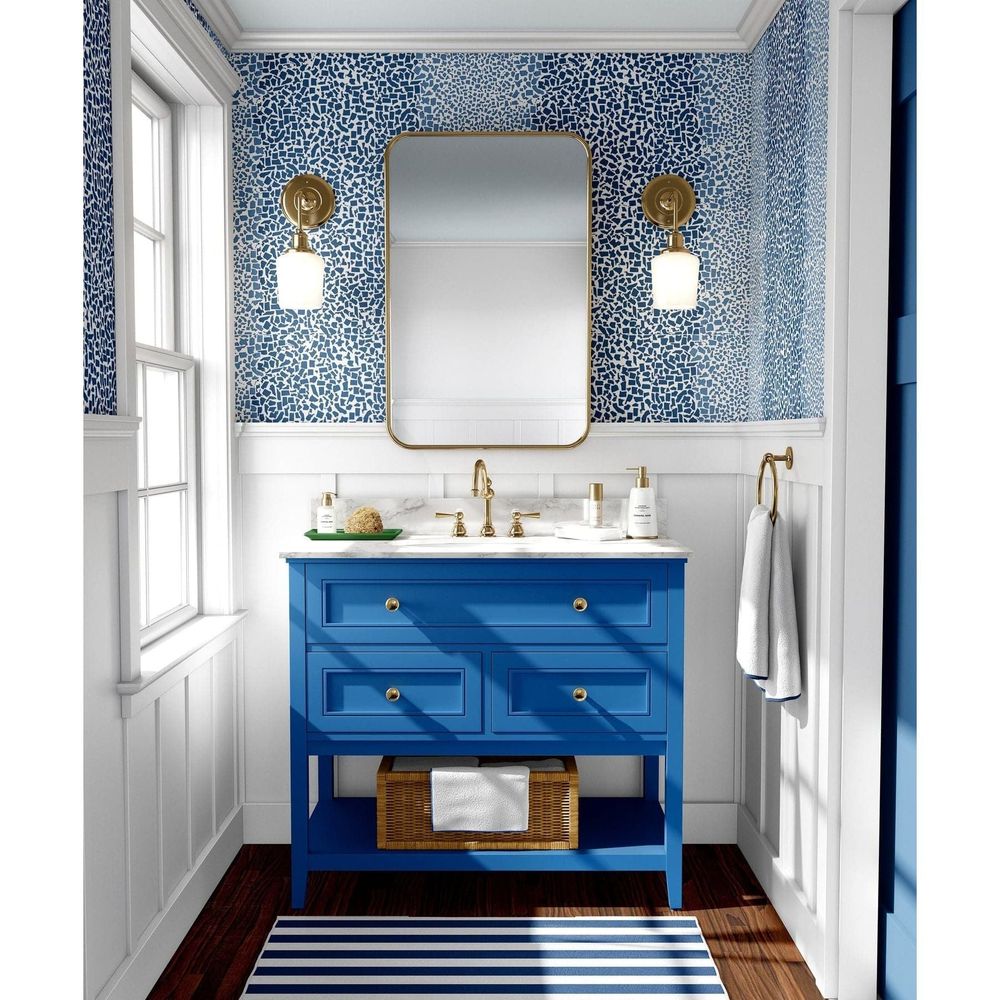 Alternate view of Honey & Hank Fifty States Shagreen Wallpaper in blush pink and cobalt blue.