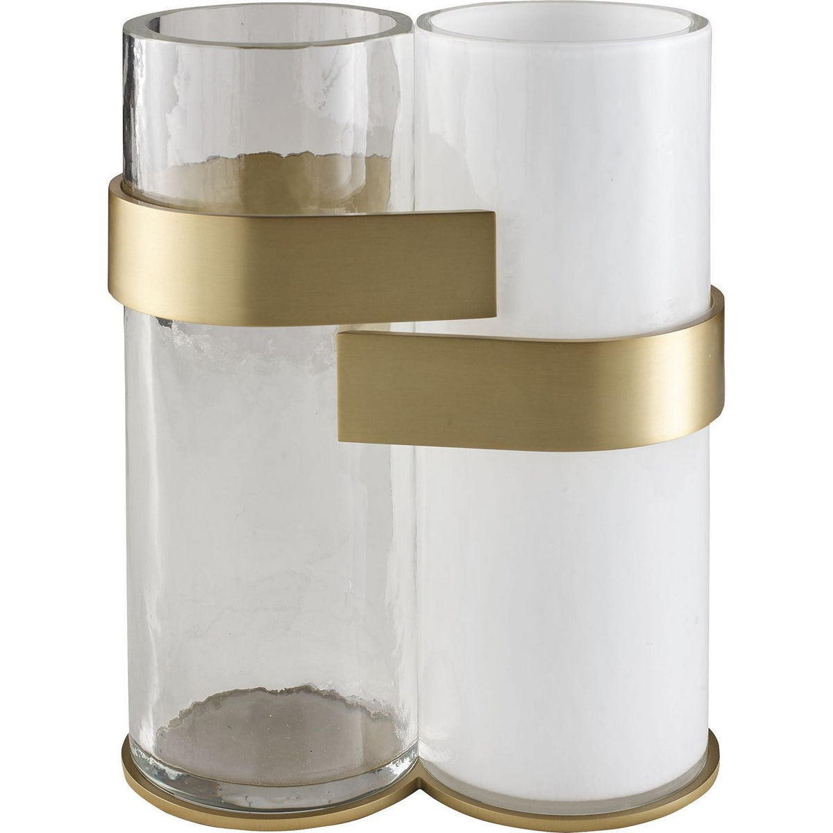 Impactite Vase, shown in clear and white with glass, metal, and dual independent cylindrical vessels.