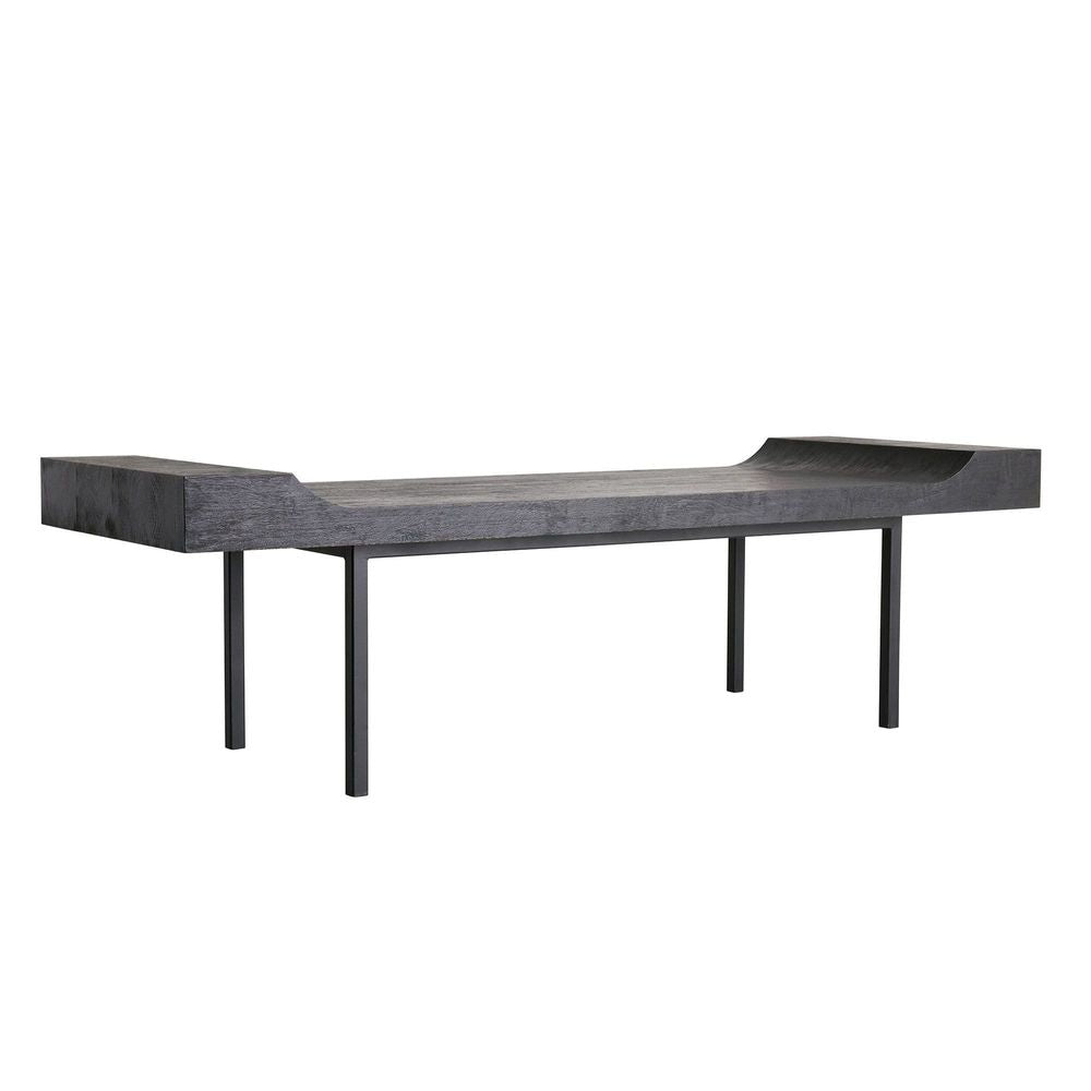 Additional view of Finn Bench in charcoal black and dark gray, featuring heavy wire-brushed finish and a open four-leg base.