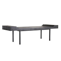 Additional view of Finn Bench in charcoal black and dark gray, featuring heavy wire-brushed finish and a open four-leg base.