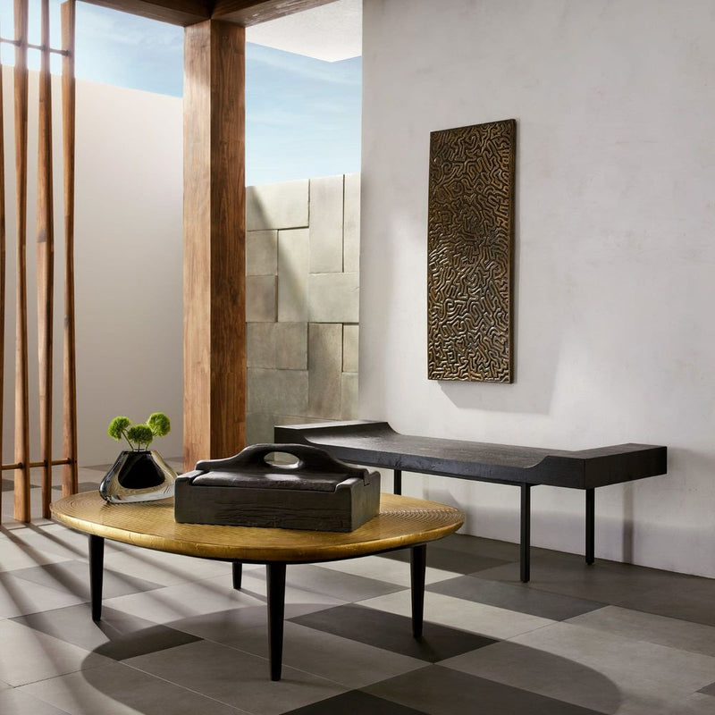 Alternate view of Finn Bench, featuring heavy wire-brushed finish, teak wood, iron, and a open four-leg base.