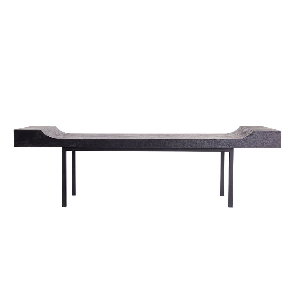 Finn Bench, shown in charcoal black and dark gray with teak wood, iron, and a open four-leg base.