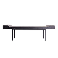 Finn Bench, shown in charcoal black and dark gray with teak wood, iron, and a open four-leg base.