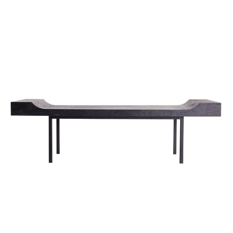 Finn Bench, shown in charcoal black and dark gray with teak wood, iron, and a open four-leg base.