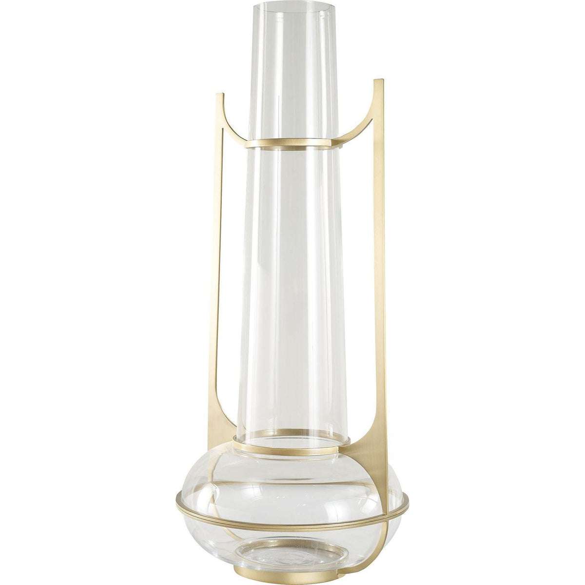 Tephrite Jar, shown in clear and brushed brass gold with glass, brass, and open-top glass vessel for display or florals.