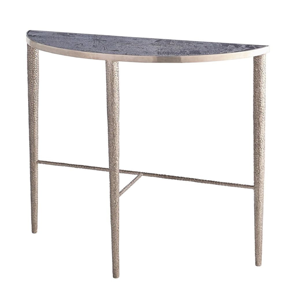 Hammered Console Table, shown in charcoal and pewter with stone, metal, and a demilune wall-oriented top.