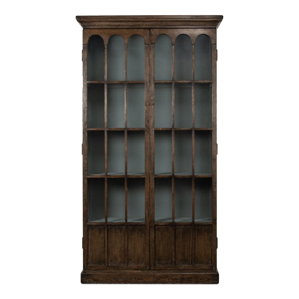 Refined Arches Tall Bookcase, shown in dark brown and medium brown with wood and glass.