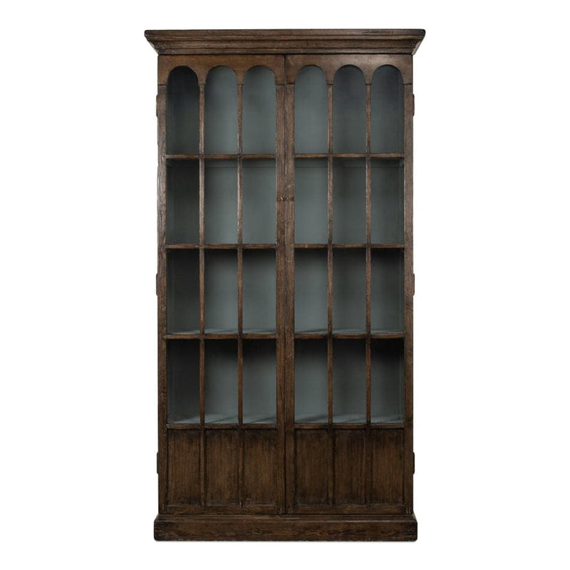 Refined Arches Tall Bookcase, shown in dark brown and medium brown with wood and glass.