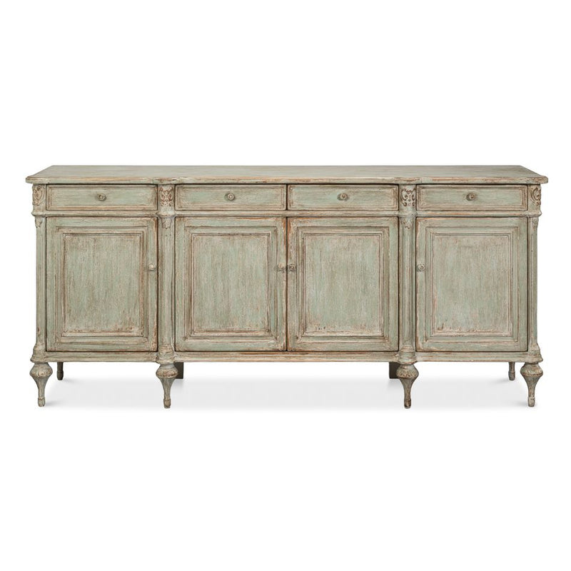 Savoir Du Bois Sideboard, shown in sage green and seafoam with wood and four top drawers.