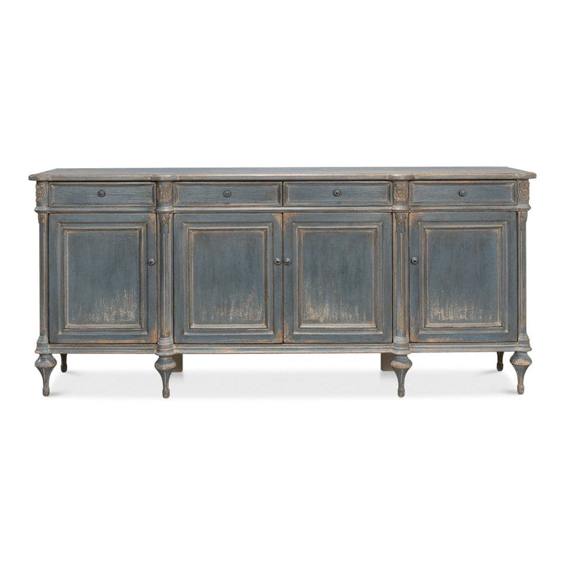 Lilac Sideboard, Blue Finish, shown in slate blue and blue-gray with wood and four top drawers.