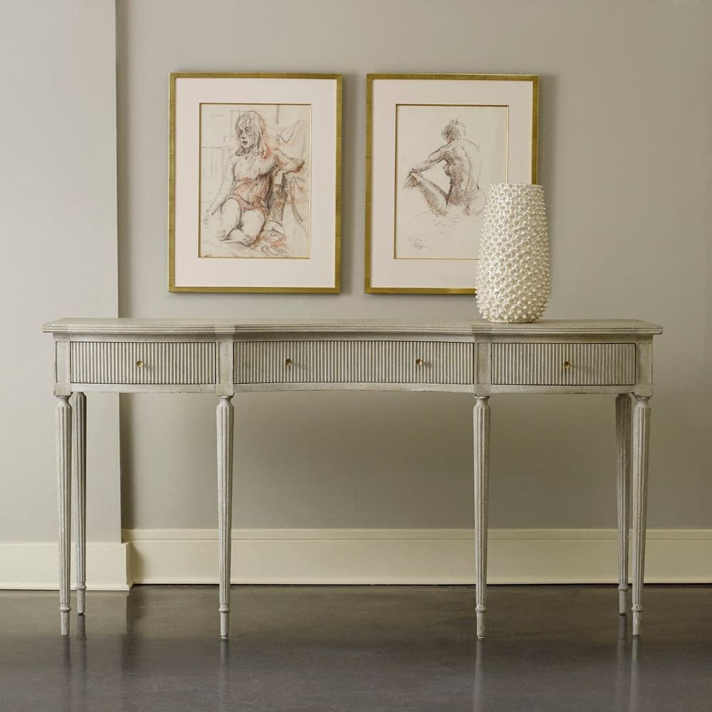 Ribbed Drawer Console-Antique Grey, shown in antique grey and light grey with wood.