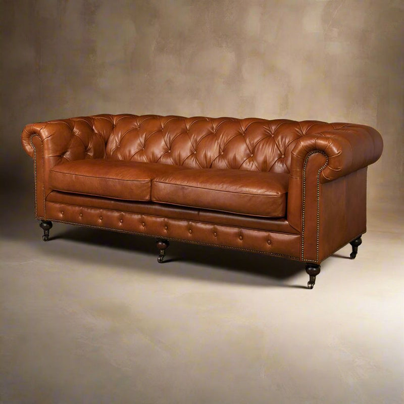 Alternate view of Tufted English Club 89" Leather Sofa, featuring deep button tufting, leather, wood, and fixed rolled arms.