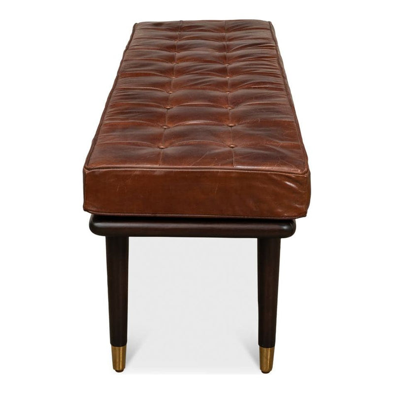 Alternate view of Prince Albert Bench, featuring brass ferrules finish, leather, wood, and long armless bench seating.