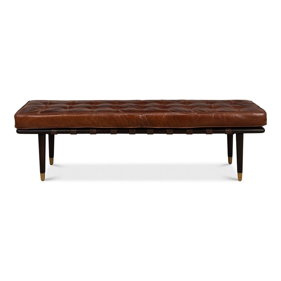 Prince Albert Bench, shown in cognac brown and dark espresso brown with leather, wood, and long armless bench seating.