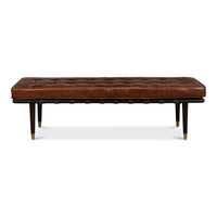 Prince Albert Bench, shown in cognac brown and dark espresso brown with leather, wood, and long armless bench seating.
