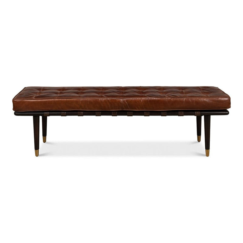 Prince Albert Bench, shown in cognac brown and dark espresso brown with leather, wood, and long armless bench seating.