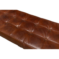 Additional view of Prince Albert Bench, featuring brass ferrules finish, leather, wood, and long armless bench seating.