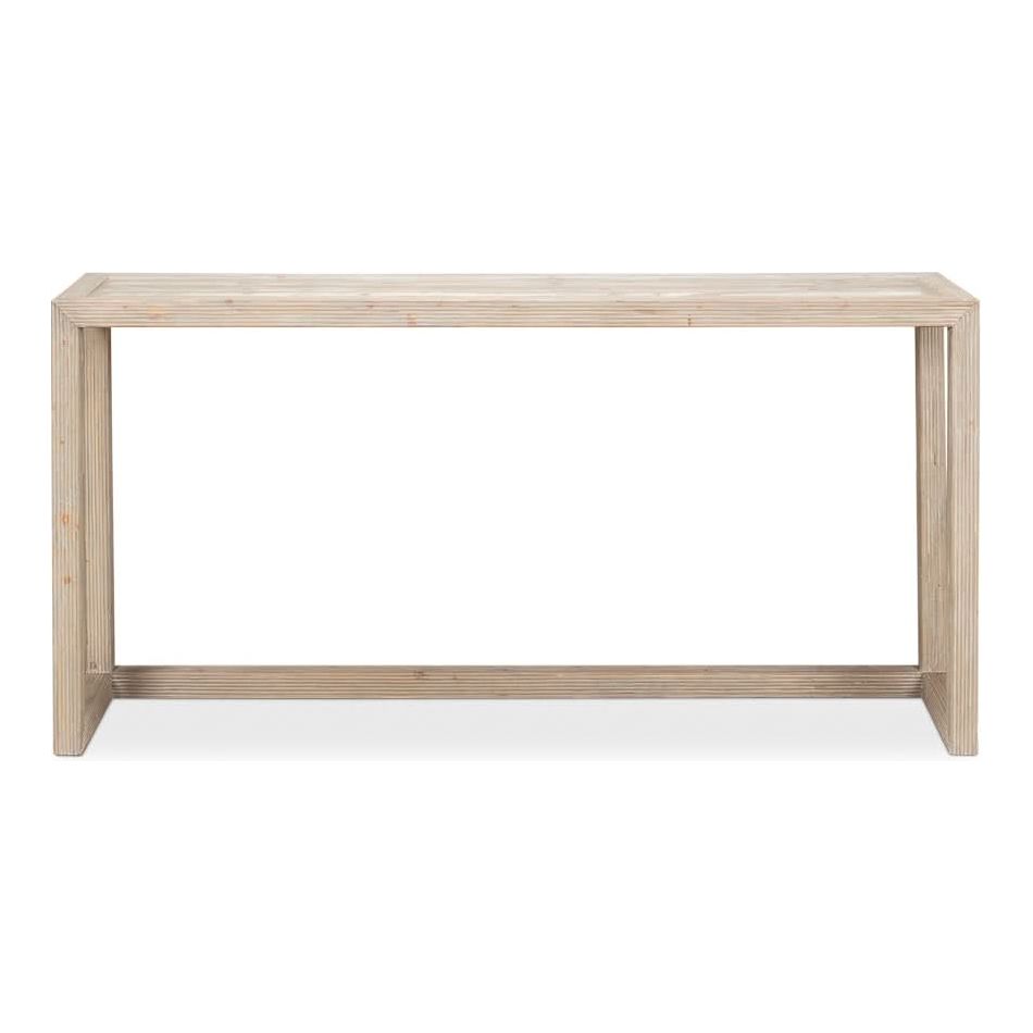 Camden Console, shown in light beige and blonde wood with wood and a open rectangular frame base.