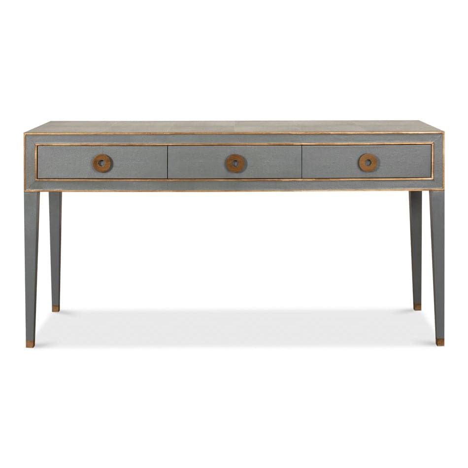 Lennox Console, shown in cool gray and warm gray with faux shagreen and wood.