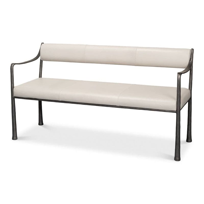 Eliana Bench, shown in ivory and charcoal with leather, forged metal, and fixed open arms.