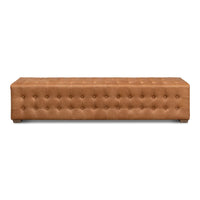 Beam Bench Tufted Leather, shown in cognac tan and camel brown with leather, wood, and deep button-tufted seat and sides.
