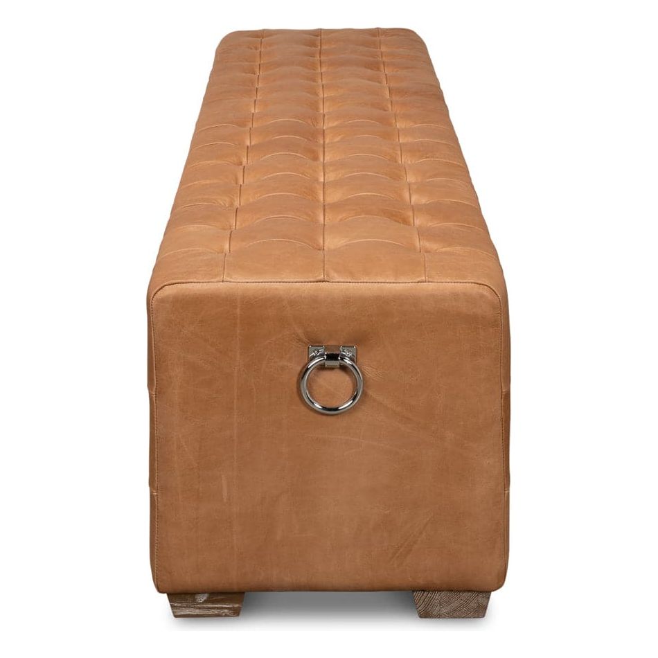 Alternate view of Beam Bench Tufted Leather in cognac tan and camel brown.