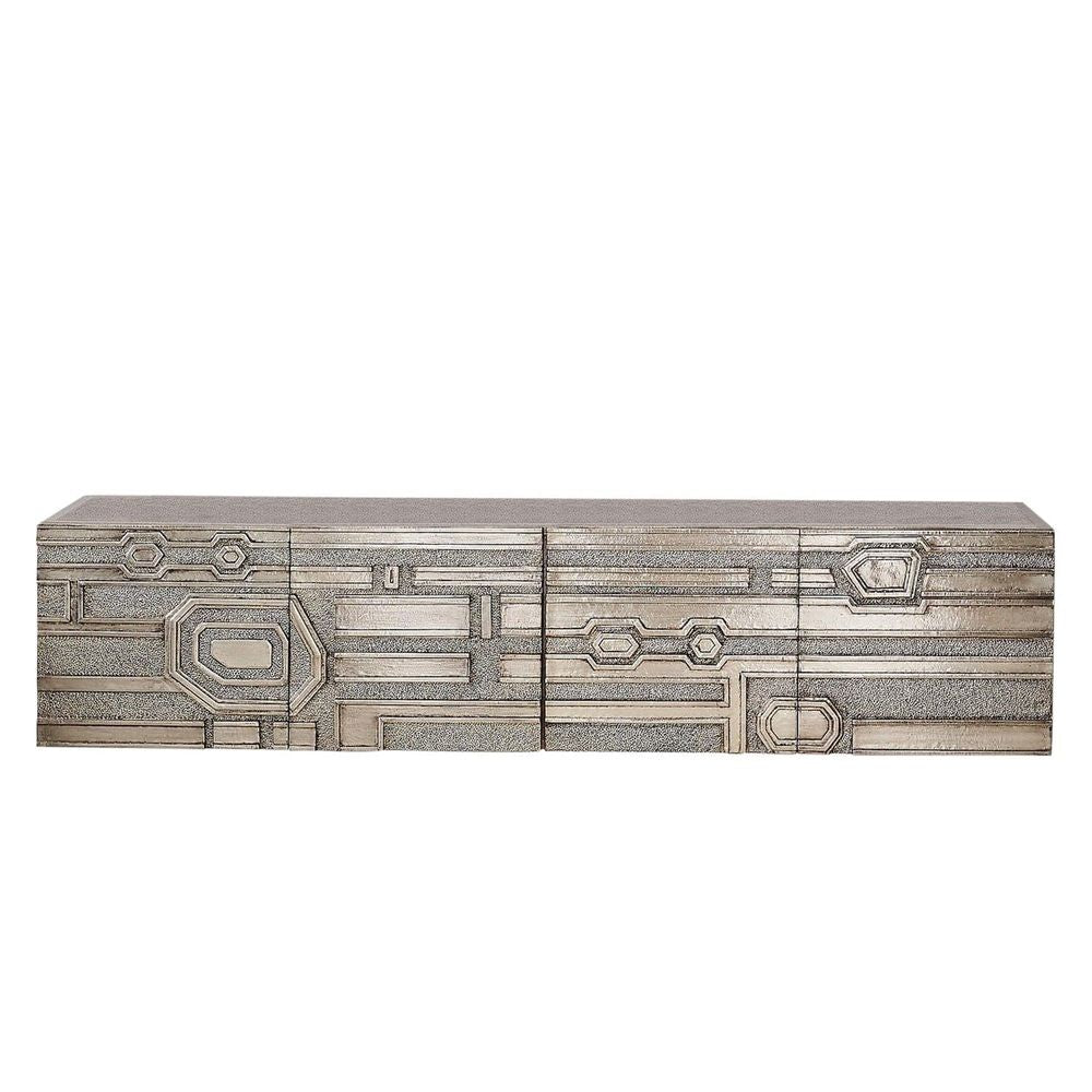 Abstract Block Cabinet, shown in silver and champagne with wood and metallic leaf or foil cladding.