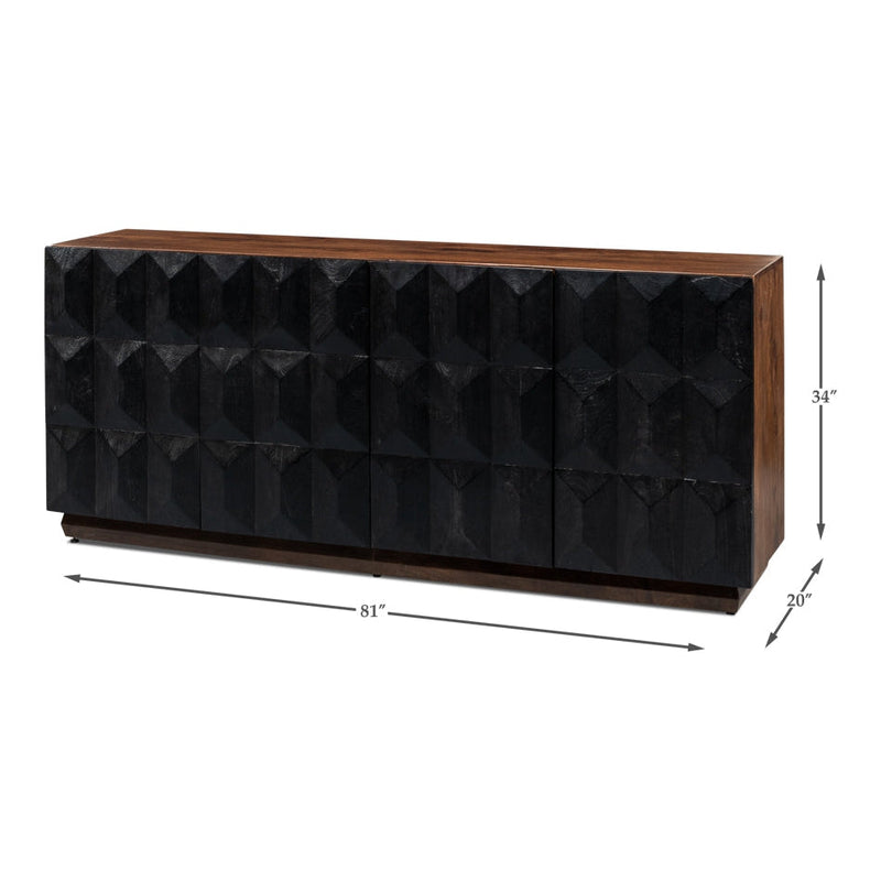 Alternate view of Megan Sideboard, featuring carved relief finish, wood, and four hinged cabinet doors.