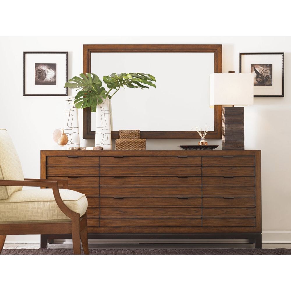 Alternate view of Oceania Dresser, featuring matte dark base, wood, metal, and multi-column drawer storage.