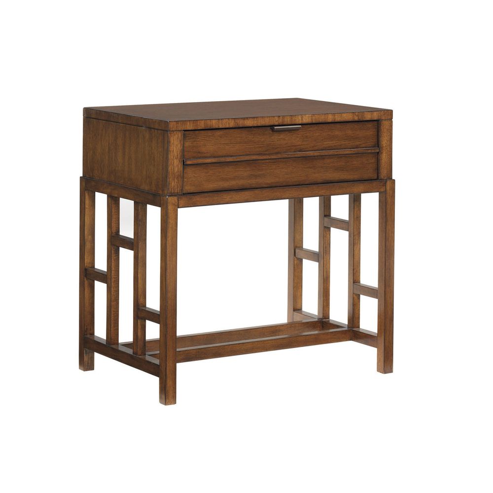 Kaloa Nightstand, shown in warm brown and medium wood tone with wood, metal, and single drawer.