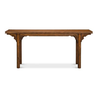 Equestrian Console Table, shown in medium brown and warm walnut brown with wood and long narrow console proportions.