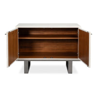 Alternate view of Bronzini Credenza, featuring matte painted exterior, wood, metal, and two hinged cabinet doors.
