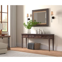 Additional view of Details Console Table, featuring distressed, wood, metal, and four integrated drawers with round knobs.