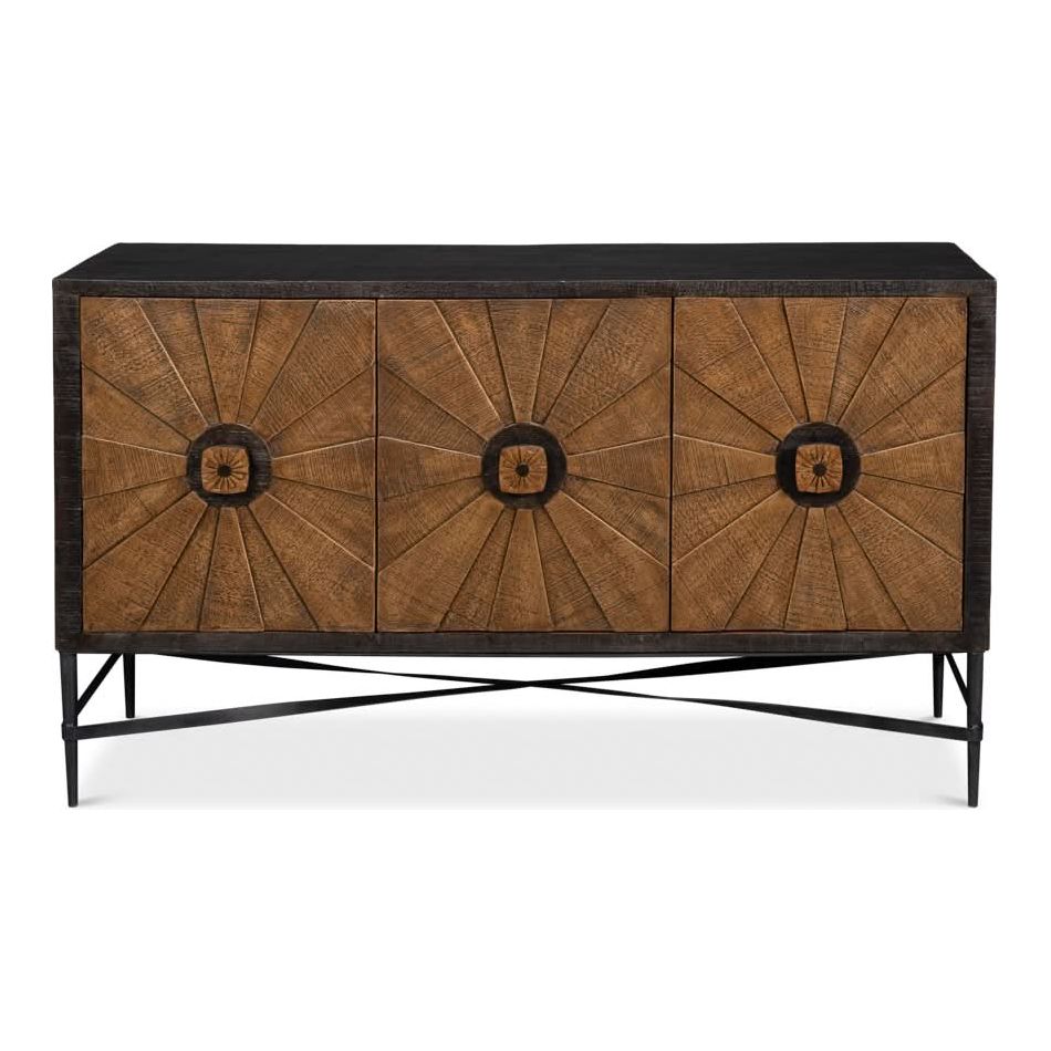 Luke 3 Door Sideboard, shown in medium brown and dark charcoal black with wood, metal, and three hinged cabinet doors.